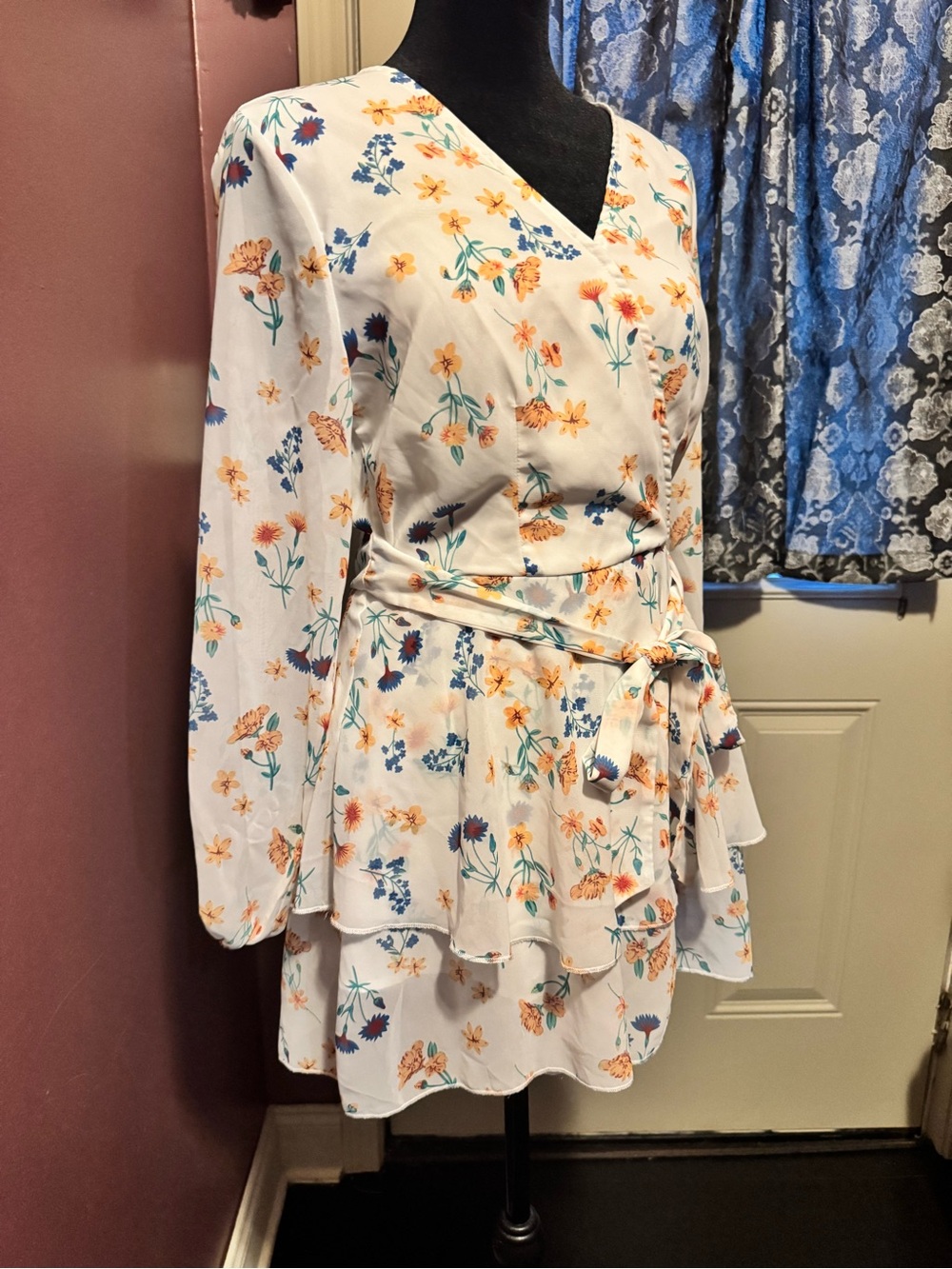 Colosseum White Floral Wrap Top with Orange & Blue Blooms